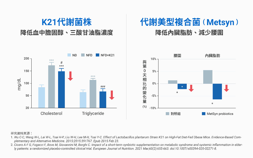 代謝菌株與代謝美型複合菌針對功效的研究數據